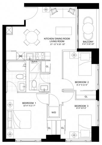Floor plan for 3 beds, 2 baths, 749 sqft